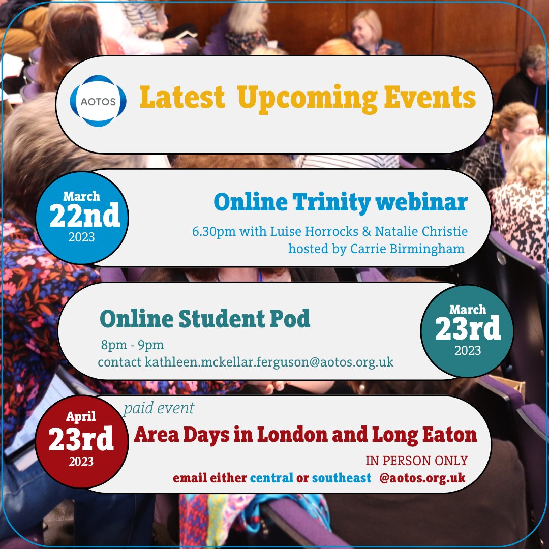 aotos's tweet photo. Check out our latest offerings for you. The Trinity webinar is for members only - so what better time to join and gain access?! Student pod and Area days - open to all.
#aotos #singing #singingteachers #vocalcoaches #vocaltechnique
https://t.co/NXGWEsd0sz https://t.co/jlOUtJPFrB