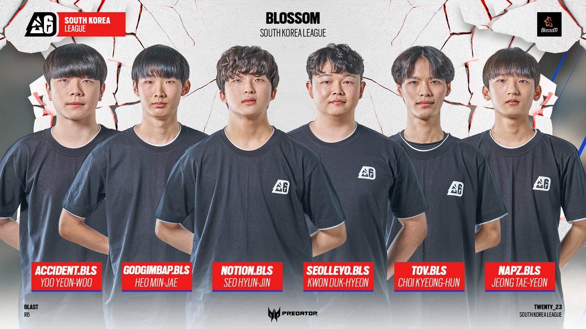 BLAST R6 South Korea League roster
<BLOSSOM> <a href="/teamblossom1014/">Team BlossoM</a> 
ACCIDENT <a href="/Accidenttttt/">Accident</a> 
GODGIMBAP @GodGimbapR6 
NOTION <a href="/Notion_R6/">Notion</a> 
SEOLLEYO <a href="/Seolley0/">Seolleyo. BLS</a> 
TOV <a href="/tove5959/">Tov</a> 
NAPZ <a href="/mangsaeng2/">Napz</a>