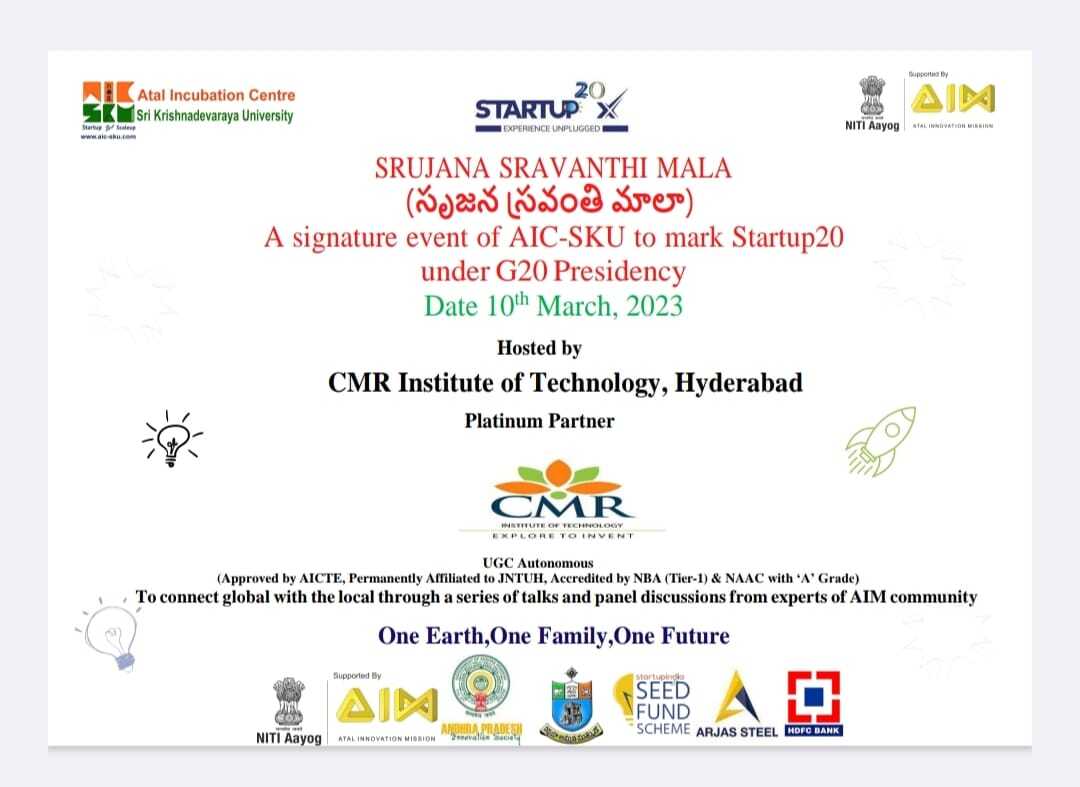 CMRITTelangana's tweet photo. Happy to that CMR Institute of Technology is Hosting Srujana Sravanthi Mala - A Signature event of AIC-SKU to mark Startup 20 under G Presidency on 10th March 2023.

#CMRInstituteofTechnology #G20Startups #Startups https://t.co/J61PNKYj10