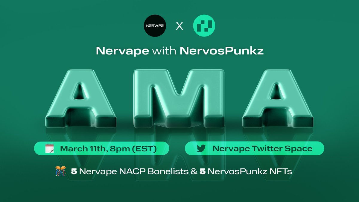 @Nervape x <a href="/NervosPunkz/">NervosPunkz</a> Twitter Space AMA this Sat, Mar 11, 8PM EST!

Join: x.com/i/spaces/1ZkKz…

Comment below with questions for your chance to receive a Nervape NACP Bonelist (5) or a NervosPunkz NFT (5). Total of 10 lucky winners! 🏆
-
#nervos #nacp #nft #TwitterSpaceAMA