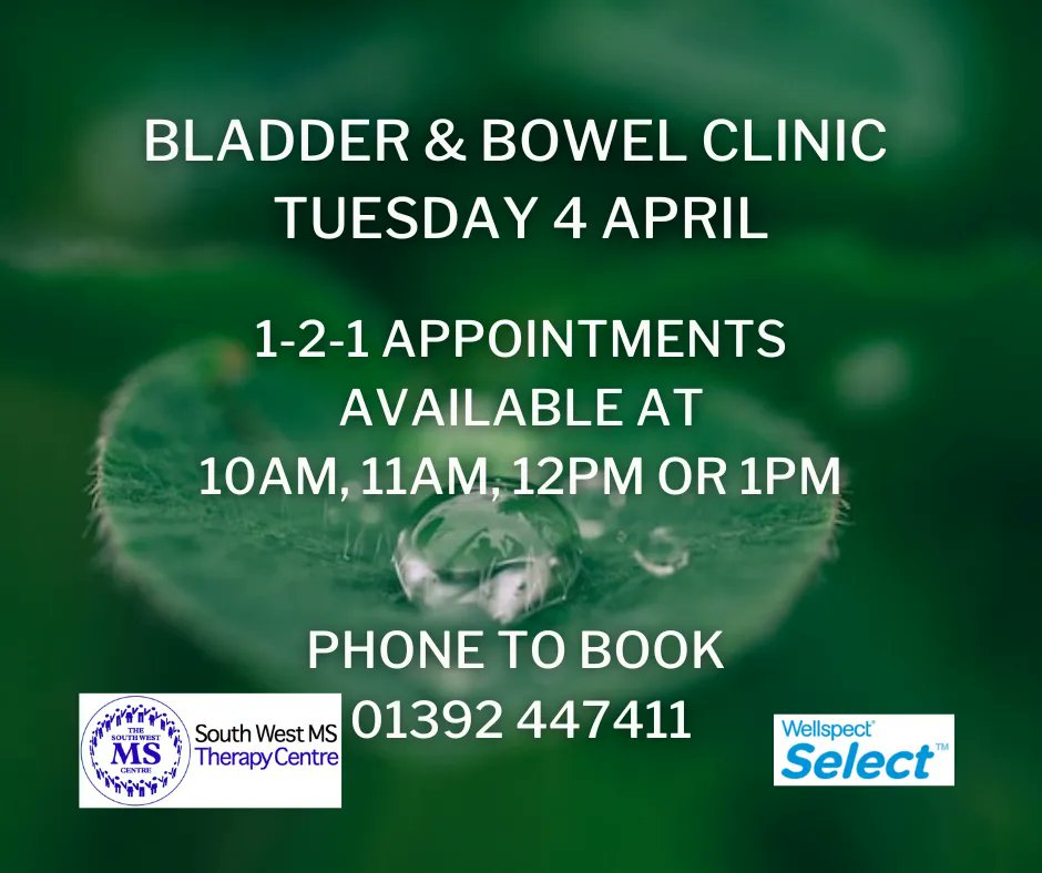 SWMSCentre's tweet image. Our next continence clinic with a specialist nurse from @WellspectUK is set for Tuesday 4 April.  Booking is essential.  Free to any MS Centre member with any neurological condition.

Call 01392 447411 or email admin@southwestmscentre.co.uk to book.

#continence #mssupport