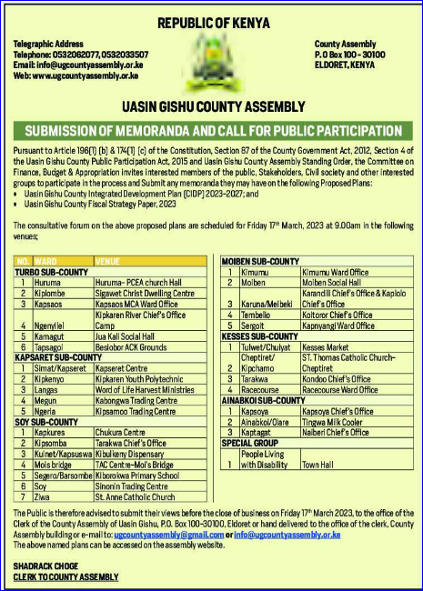 CFAGlobal's tweet photo. Call for Public Participation in the matter of:
1. Uasin Gishu County CIDP 2023-2027; and
2. Uasin Gishu County Fiscal Strategy Paper,2023
@OGI_Kenya @CIOGKenya @TISAKenya @UraiaTrust @county_budgets @ntakenya @nyorude @McOsedoh @BudgetCafe https://t.co/q8npC675Le