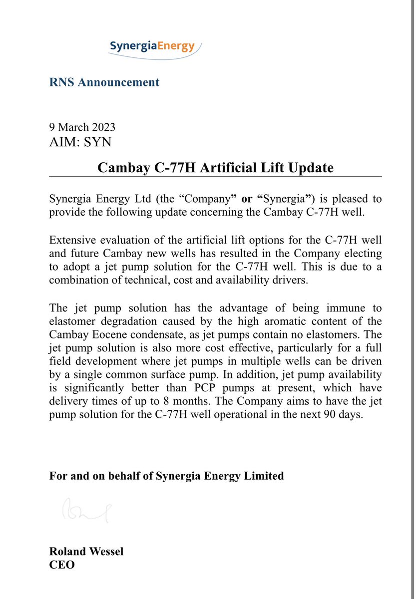 #SYN Cambay C-77H Artificial Lift Update