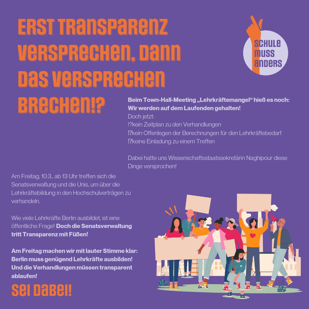Erst Transparenz versprechen - dann das Versprechen brechen‼️
Komm zr Kundgebung zm #Lehrkräftemangel am Ort d Hochschulvertragsverhandlungen.
Fr. 10.3. 12h30
Warschauer Str. 41

Beim Town-Hall-Meeting „Lehrkräftemangel“ hieß es noch: Wir halten euch auf dem Laufenden! #twlz  1/