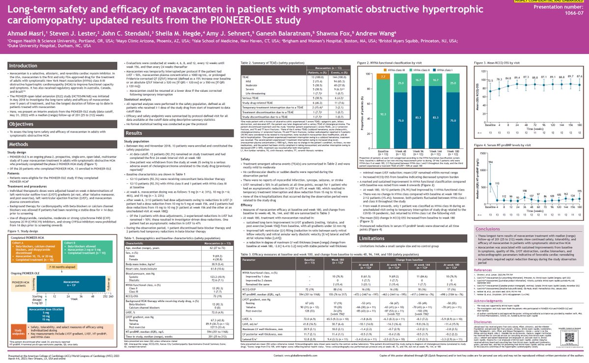 MasriAhmadMD's tweet photo. We presented the results of #PIONEER #HCM #OLE at #ACC23 
This is the longest follow up of mavacamten to date - a 5 year study, average follow up at the time of this data cut was 200 weeks. 
#CardioTwitter https://t.co/dG0Qpw3FFZ