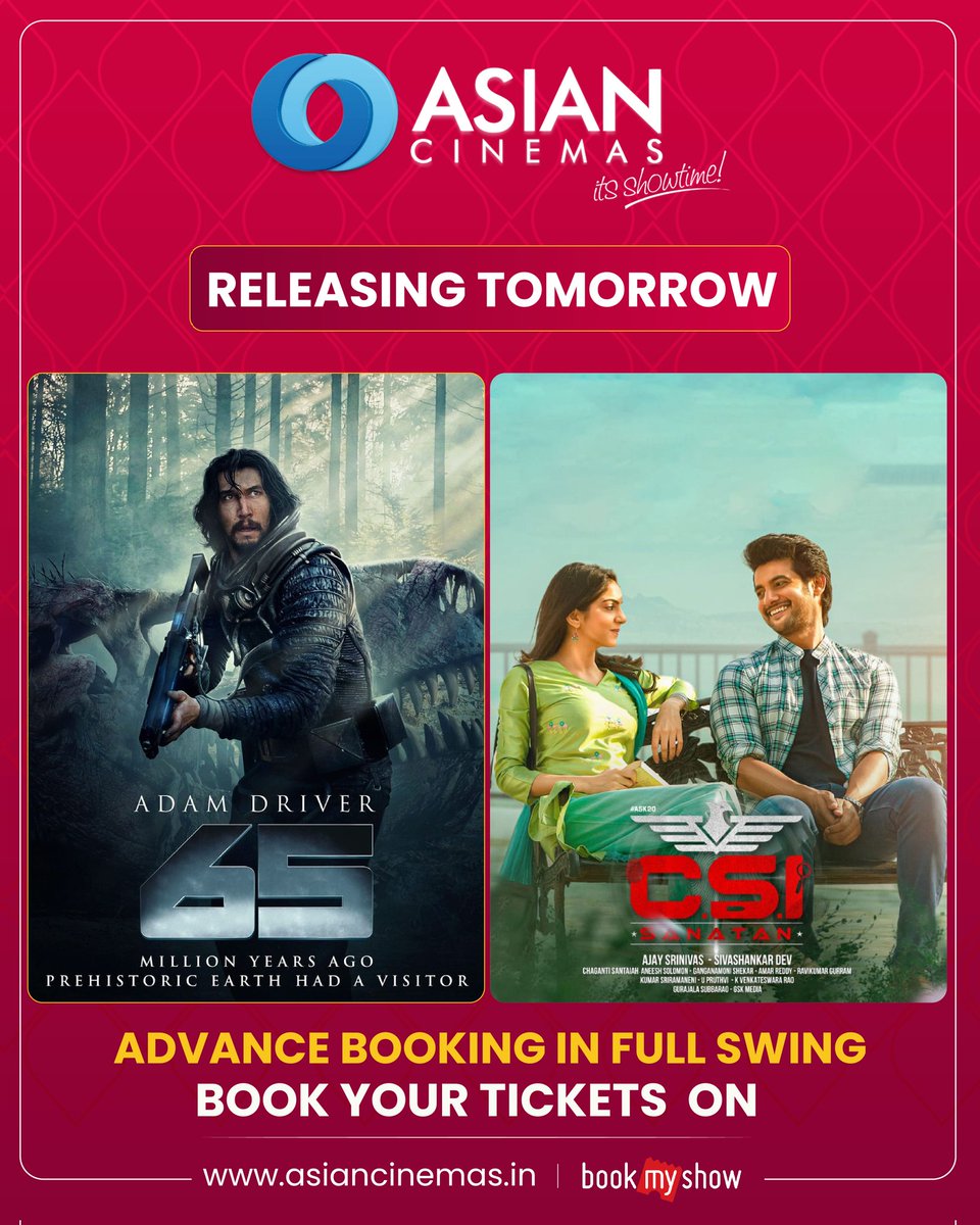 #65Movie and #CSISanatan are Releasing Tomorrow! Hurry up, the seats are filling fast! Book Your Tickets now --&gt; asiancinemas.in

#BookTicketsOnline #ReleasingTomorrow #AsianCinemas