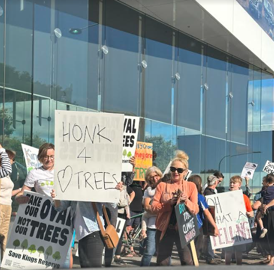 theTiser's tweet image. "Oh what a felling!" Protesters have gathered outside CMI Toyota on West Terrace to rally against the Crows HQ development on Kings Reserve in Torrensville. Latest on the plans: bit.ly/41S4Tzr