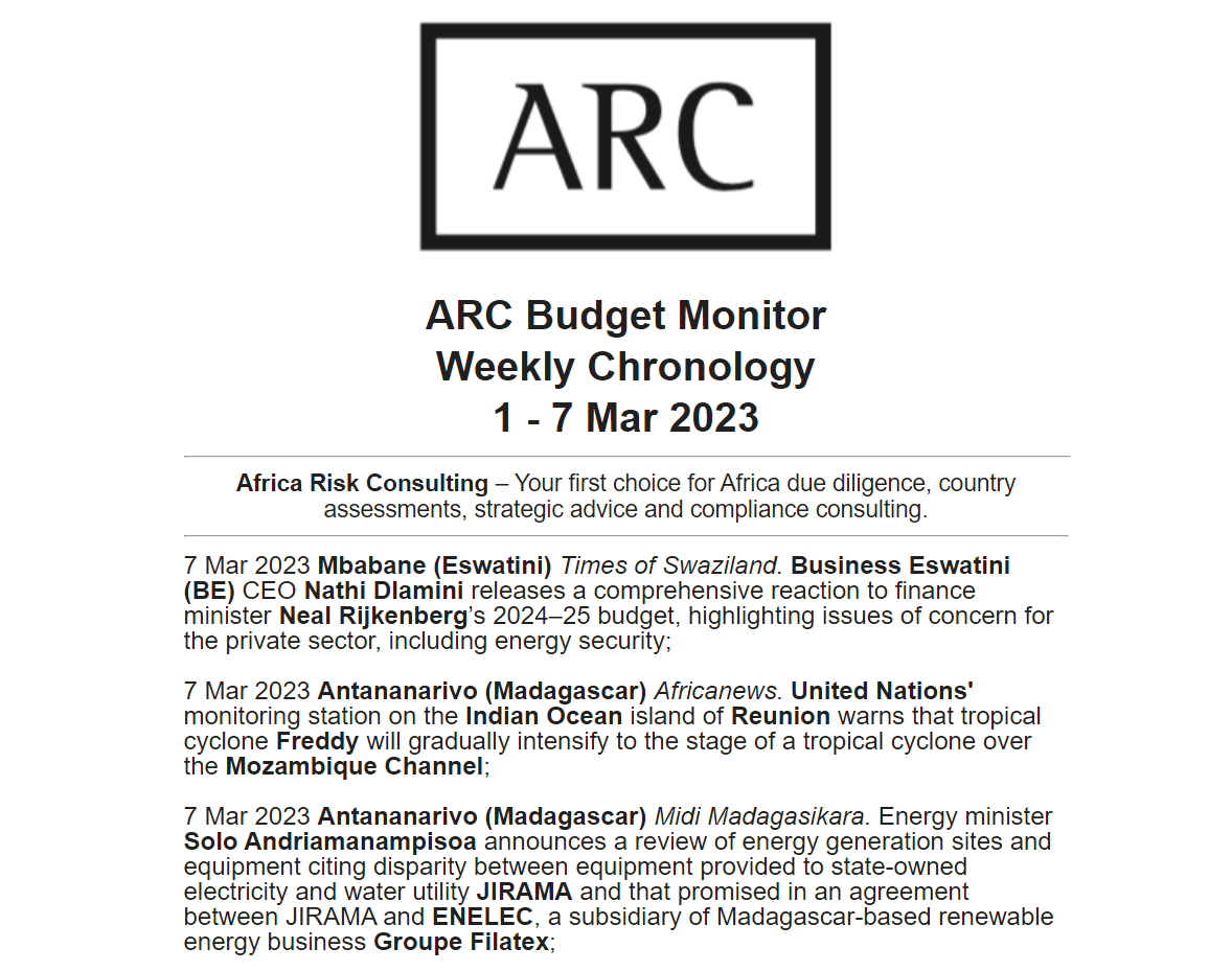 The ARC Budget Monitor Weekly Chronology 1 - 7 Mar 2023 Highlights

Not on our mailing list? 🧐 sign up using this link:
bit.ly/Subscribe-ARC-…

#Eswatini #Madagascar #UnitedNations #News #Politicalrisk