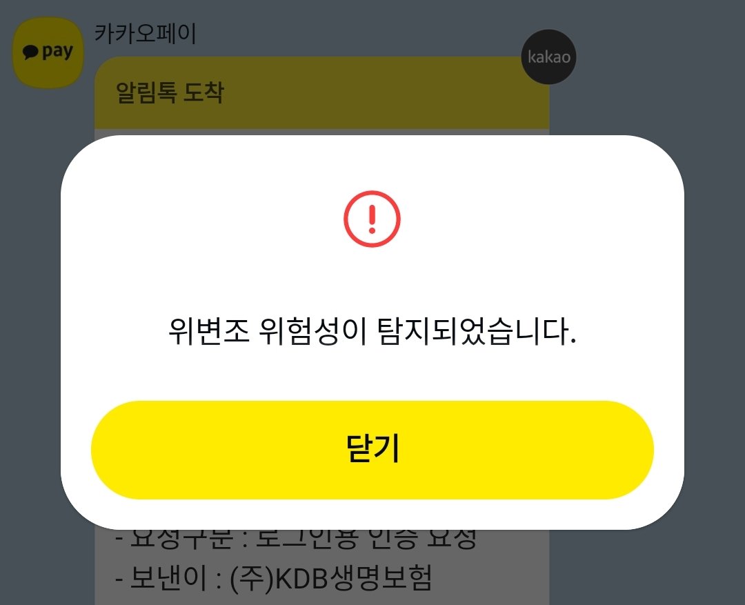 카카오페이 인증에서 이런 메시지는 처음 봐... 위변조 위험성이라니 🤔 단순히 시차가 나서 그런 걸까?