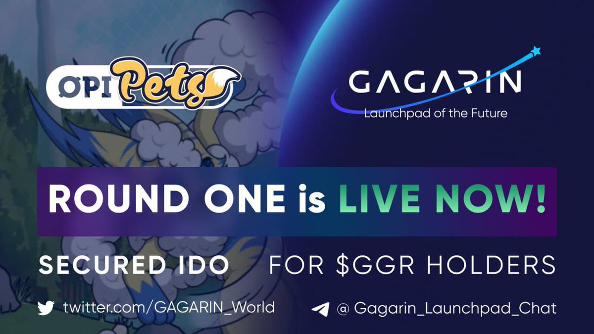 🔥 Hurry up! @opipetsgame #IDO with 0%-fee only until - March 11

Round 1: 09 March, 07:00 - 11 March, 09:00 UTC
▫️ Round 2: 11 March, 09:00 - 12 March, 12:00 UTC

Lock 500 $GGR - get free allocation in #OpiPets IDO!

app.gagarin.world/ido/6389f147dd…

#Gagarin #IDOLaunchpad