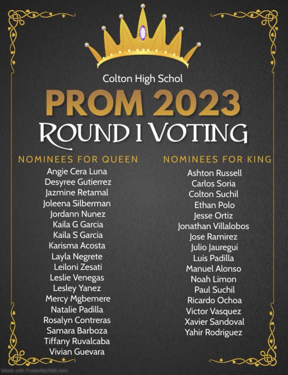 The Prom 2023 Round 1 Ballot is now open!! Good luck to all the nominees on the lists and the ballot will close at 4:30pm Thursday March 9th.  Winners will be announced during the 2nd period Prom Fashion Show on Friday March 10th.  Check your email for the link to cast your vote!
