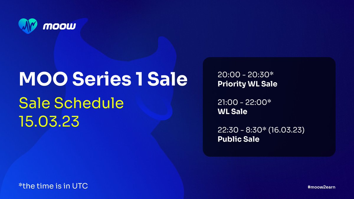 moow2earn's tweet image. Get ready to mark your calendars for 15.03 because we're thrilled to announce the sale schedule for MOO Series 1 🔥

The countdown is on ⏳

MOOs Series 1 can't wait for their happy owners 🐮

#moow2earn #move2collect