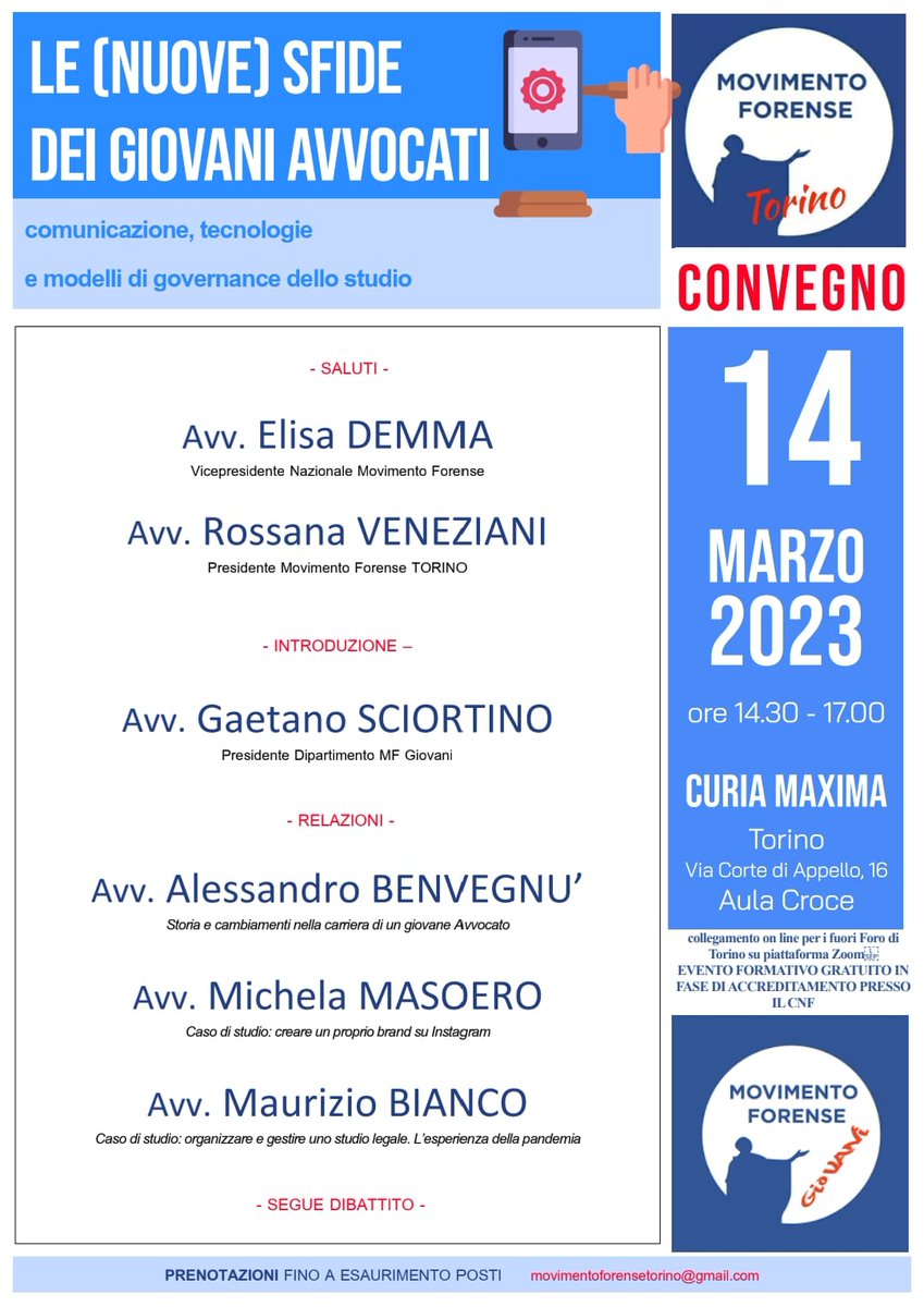 #MovimentoForenseTorino ospita #MFGiovani per parlare delle nuove sfide dell'avvocatura nella sede da sempre nel cuore dei torinesi.
Iscrizioni a movimentoforensetorino@gmail.com

#formazioneavvocati
#Torino