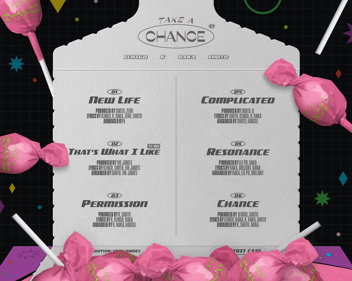 ㅤ

ㅤ  ㅤㅤTRACKㅤ ㅤ𔘓ㅤ  ㅤLIST
ㅤㅤ  ㅤ───────────────

ㅤㅤ  ㅤ𝗜𝗥𝗜𝗫   1st   Mini   Album:
ㅤㅤ  ㅤ◤     Take A Chance!    ◢

ㅤ ㅤ  ㅤㅤㅤㅤ ㅤㅤ  #STEP1RIX
ㅤ ㅤ ㅤ───────────────
ㅤㅤ  ㅤ18ㅤㅤ·ㅤ  03ㅤ ·ㅤ2023

ㅤ