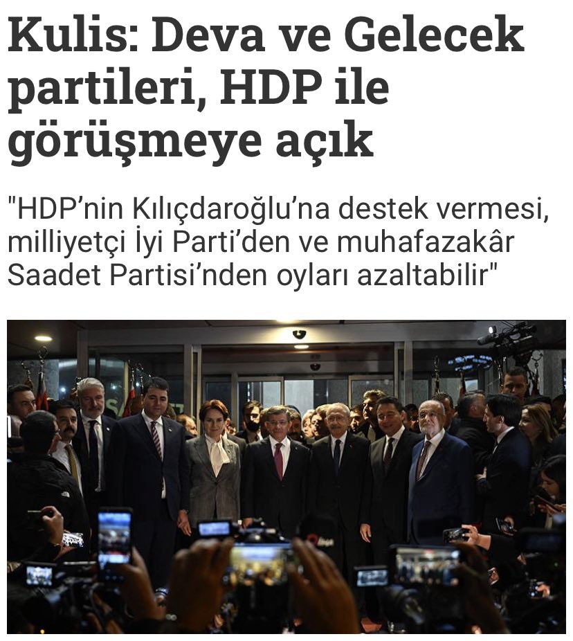 Sari_Haber's tweet photo. İddia:

İngiltere merkezli Reuters ajansına konuşan ittifaktan üst düzey isimler, HDP'nin desteğinin İYİ P. ve Saadet P. seçmenlerini 'caydırabileceğini' söylemişti.

Şimdi ise DEVA ile Gelecek Partisi'nin 'HDP ile görüşmelere açık olduğunu' dile getirdi. https://t.co/lq6Cm43tO2