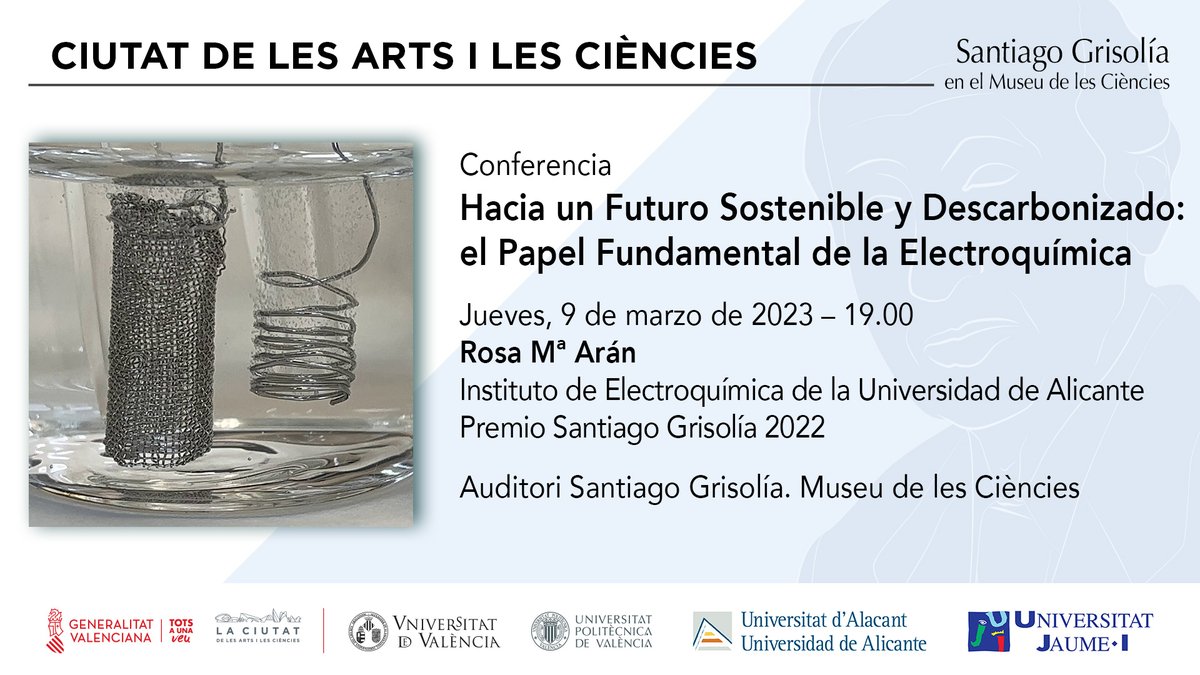 📅Hoy a las 19h te esperamos en el #CicloGrisolía con la conferencia sobre electroquímica de la investigadora Rosa Arán <a href="/RosaAranAis/">Rosa Aran</a> de la <a href="/UA_Universidad/">Universidad de Alicante UA</a> 
 
🆓Libre acceso hasta completar aforo

También puedes seguirla en este enlace ▶️youtube.com/live/UpmaE_R_7…

#ConferenciasCAC