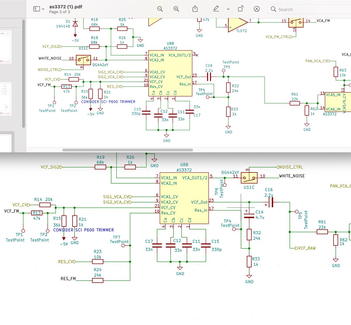 ultratroninator's tweet image. Resonance is for the worse between v0.1 and v0.2 boards, with v0.2 having poor rez. No self oscillation.  Glaring differences are going from a 2.2u cap common between paths in v0.1 and a split path 2.2u / 4.7u in v0.2 which is what the datasheet recommends.  #AS3372 #SynthDIY