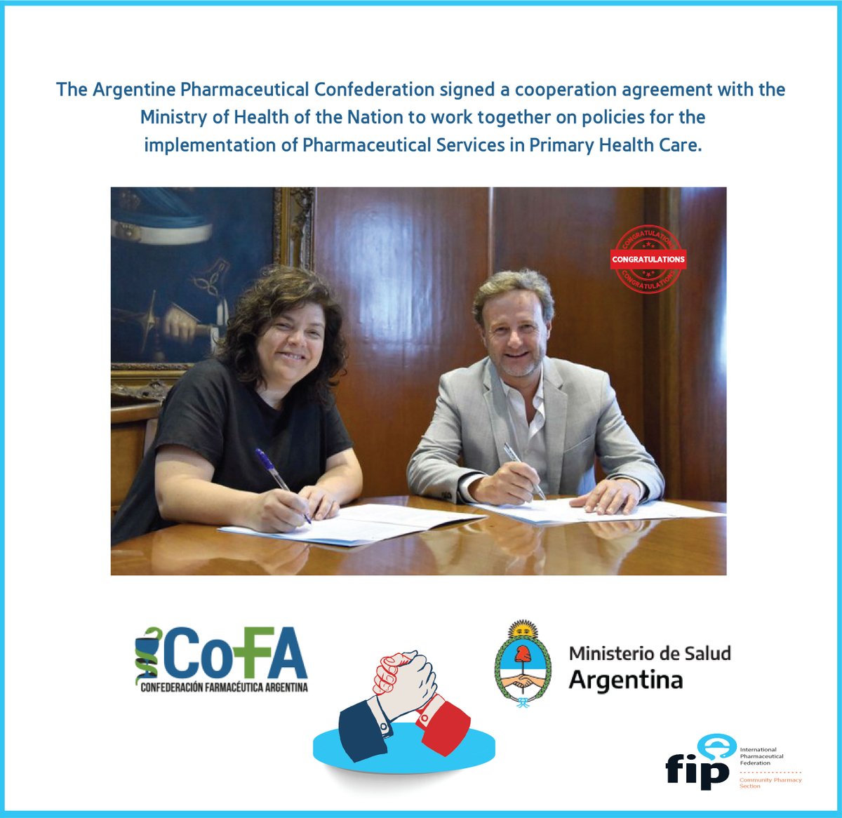 The Argentine Pharmaceutical Confederation signed a cooperation agreement with the Ministry of Health of the Nation to work together on policies for the implementation of Pharmaceutical Services in Primary Health Care.

#Pharmacist #Argentina