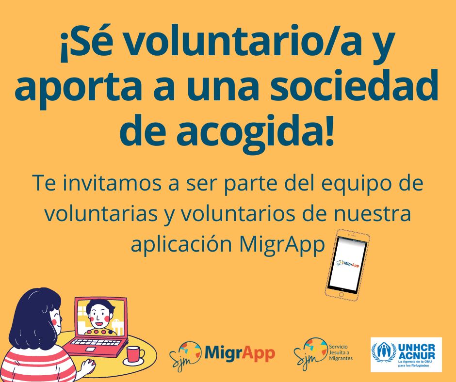 SJMChile's tweet photo. Te invitamos a ser parte del equipo de voluntarias y voluntarios de #MigrApp. Buscamos a personas solidarias, responsables y comprometidas con la promoción de una sociedad de acogida. Si estas interesado, inscríbete acá https://t.co/9edqN8Dmmk o escríbenos a migrapp@sjmchile.org https://t.co/TWDHj6Mm4a