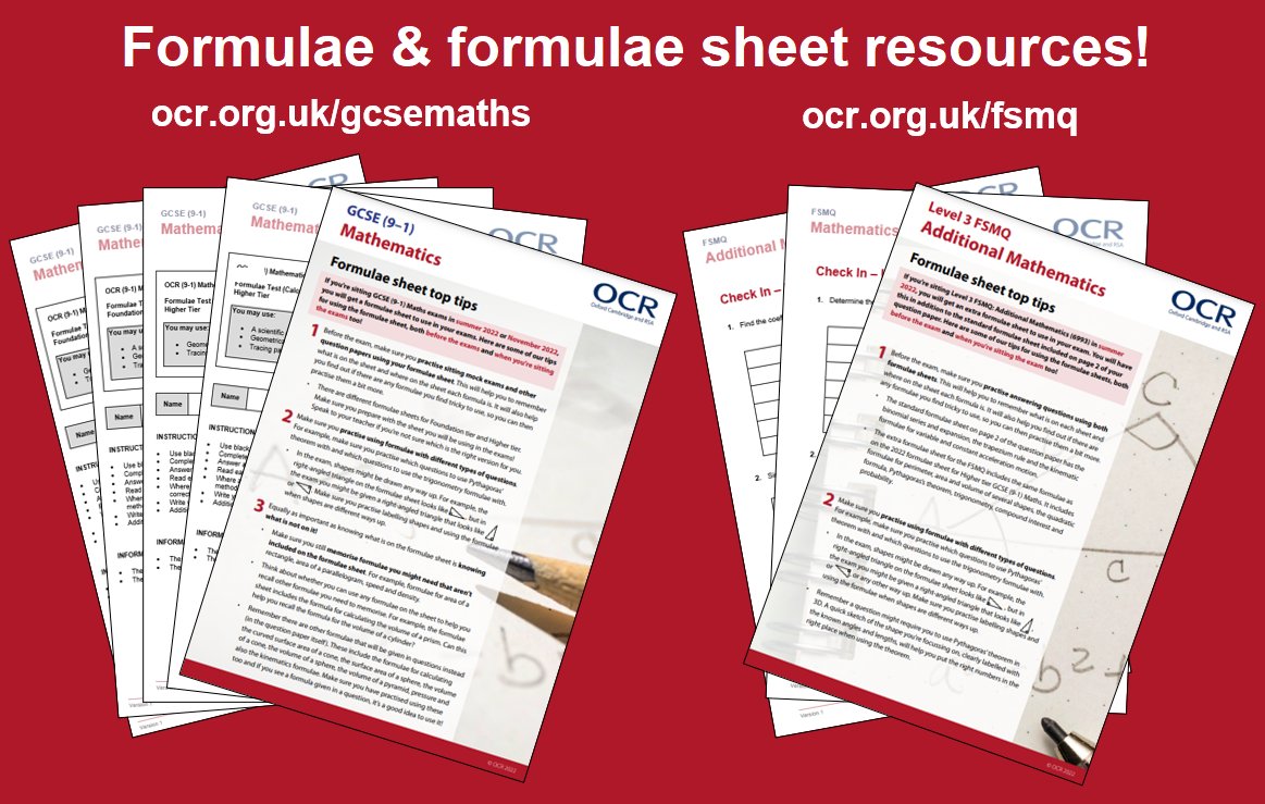 OCR_Maths's tweet photo. #Formulae &amp; #formulaesheet resources!

#GCSE (9-1) #Maths
• 4 × formulae tests https://t.co/keUZQG2fvS
• Formulae sheet tips https://t.co/oOPpeziDZh

#FSMQ #AdditionalMaths
• 2 × formulae check in tests https://t.co/BCthmdBSmQ
• Formulae sheet tips https://t.co/ZzJ2GRGRe3 https://t.co/vtrE9oN6Ez