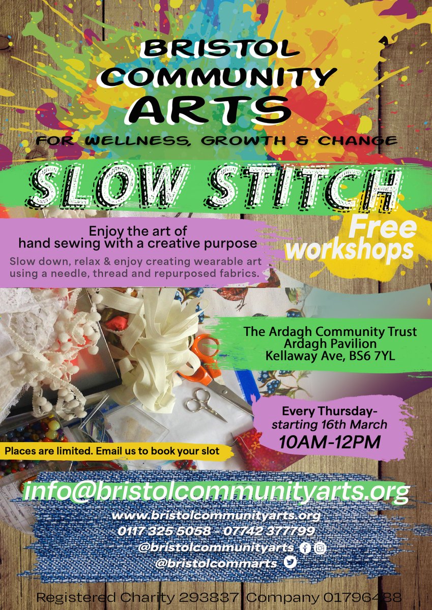 Slow Stitch @ The Ardagh 16th March and then every Thursday 10am - 12pm. Limited places so EMAIL to book a slot.
#bca #bristolcommunityarts #ardagh #slowstitch #wearableart #repurposedfashion #repurposedfabric #needle #thread #stitch #workshop #wellness #growth #change