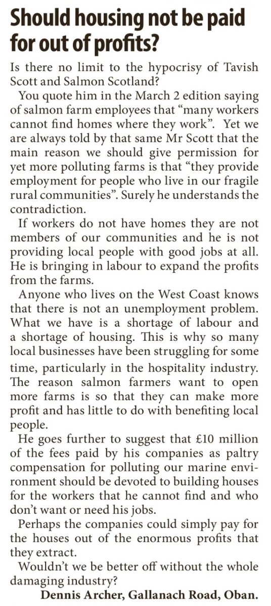 AFFtheClyde's tweet photo. As the fish farm polluters suggest the taxpayer should pay for their employee housing to enable them to make even greater profits, one @obantimes reader fights back! @ArianeBurgessHI @RhodaGrant @jenni_minto @MairiGougeon @MairiMcAllan @TheSoundOfJura @HumzaYousaf @AshReganSNP https://t.co/sUhfvmPRF9