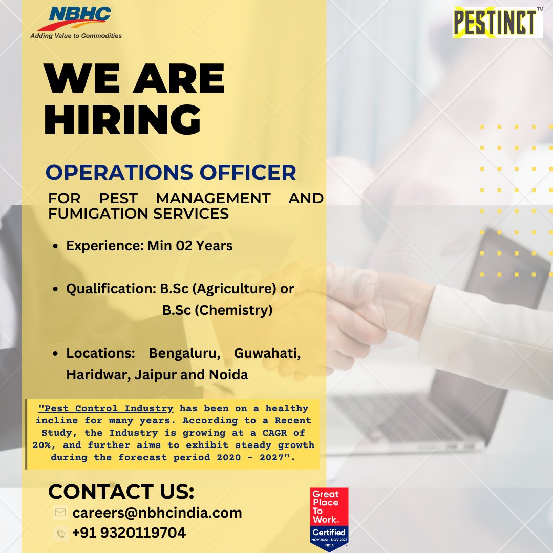 We are inviting applications for the role of Operations Officer. Interested Candidates are requested to drop in their updated resumes at careers@nbhcindia.com or connect at +919320119704.  #pestmanagement #jobandcareers #operationsjobs #learningandgrowing #careerstart