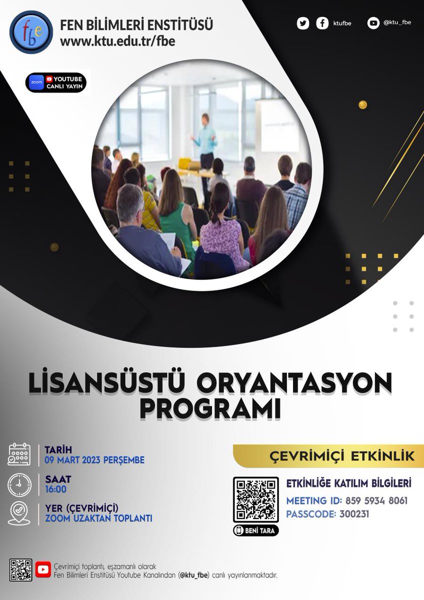 Lisansüstü Oryanyasyon Programı
Tarih: 09 Mart 2023     Saat 16:00
Ayrıntılı bilgi ve çevrimiçi etkinliğe katılım için: 
ktu.edu.tr/fbe/etkinlik/l…