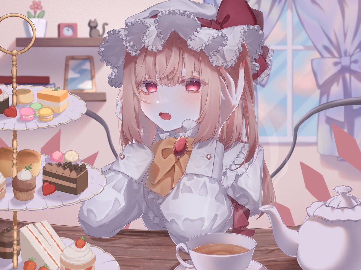 flandre scarlet 1girl food cake hat solo teacup tiered tray  illustration images