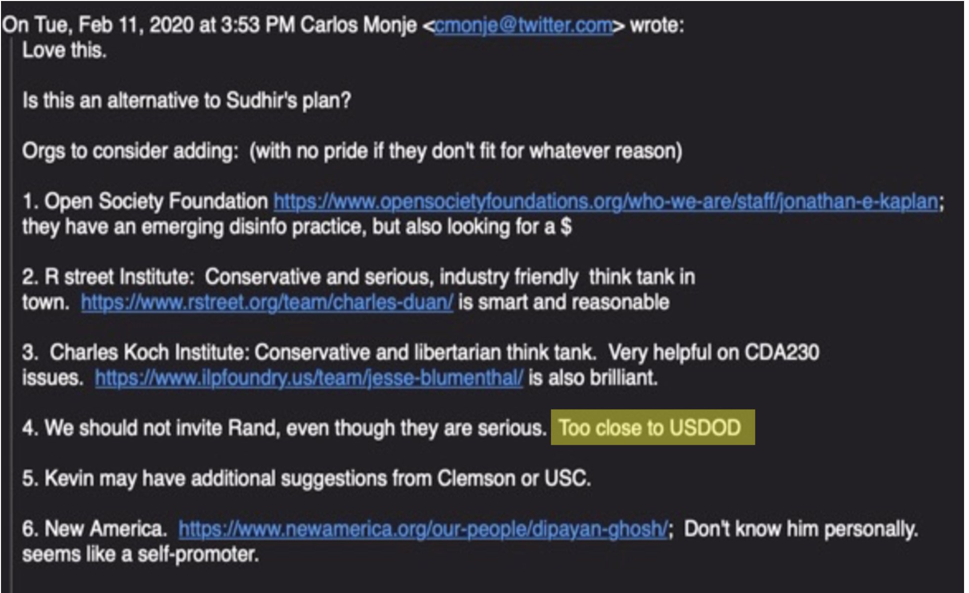 12.  Twitter execs weren’t sure about Clemson’s Media Forensics Lab (“too chummy with HPSCI”), and w