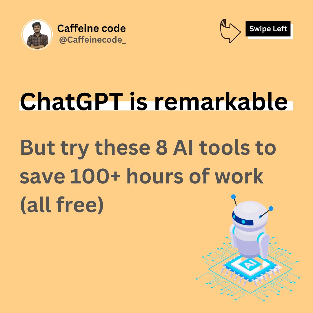caffeinecode_'s tweet image. ChatGPT is remarkable: But try these 8 AI tools
1. Copy.ai
2. Excelformulabot.com
3. Midjourney.com
4. SlidesAI.io
5. Writerly.ai
6. Synthesia.io
7. Durable.co
8. Writesonic.com