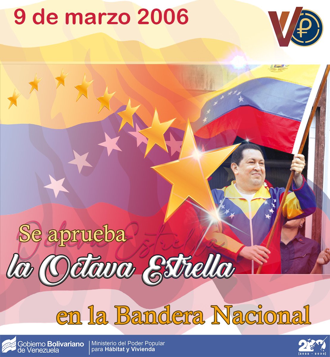 #Efeméride || En 2006, el Poder Legislativo, por iniciativa del Cmdte, Eterno Hugo Chávez , aprobó la inclusión de una 8va estrella en el Tricolor Nacional, que recuerda la disposición del Lib. Simón Bolívar de representar en ella a la provincia de Guayana

#ChávezSiempreChávez