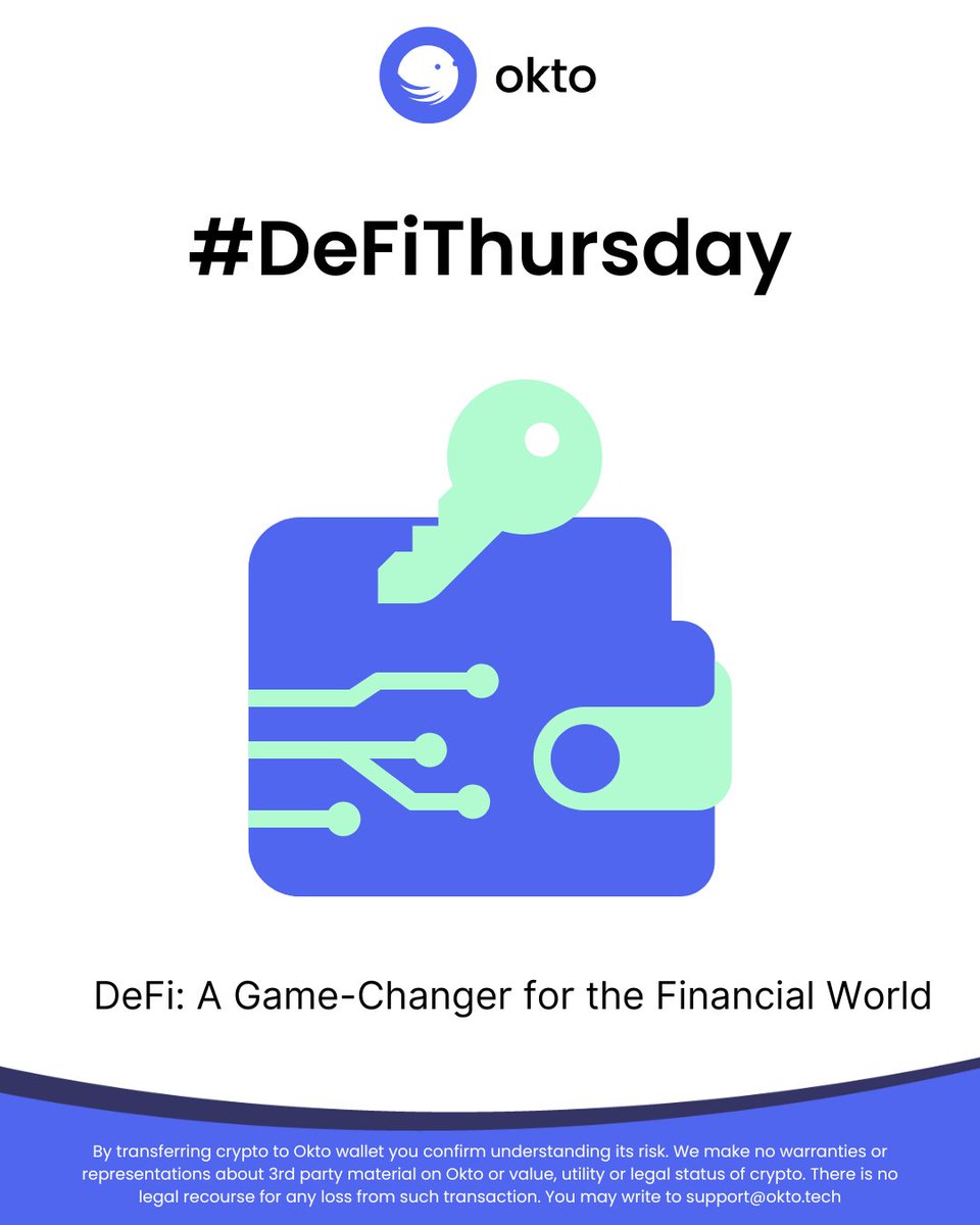 okto_web3's tweet photo. Welcome to another week of #DeFiThursday with Okto, where the #DeFi community comes together to share their passion, knowledge, and ideas.๐ก
This week we will talk about How decentralized finance is revolutionizing the world.๐คฏ๐ซข
#DeFiWithOkto https://t.co/9Atkocna9p