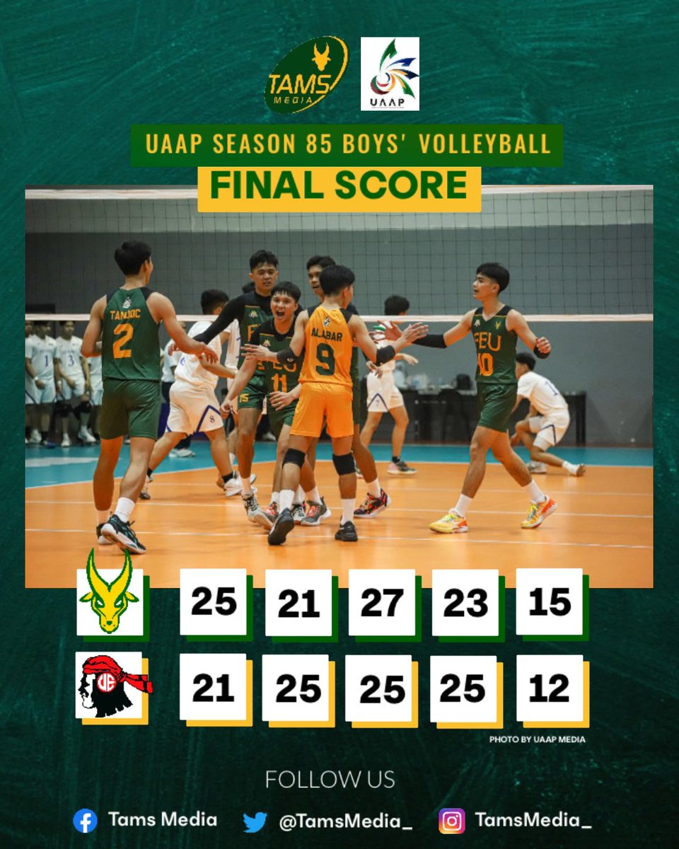 TamsMedia_'s tweet photo. NUMBER 1 TEAM IN #UAAPSeason85 BOYS' VOLLEYBALL
FEU Diliman escapes UE in five-set thriller, 25-21, 21-25, 27-25, 22-25 & 15-12. 🔰🏐 https://t.co/btQzIuUM16