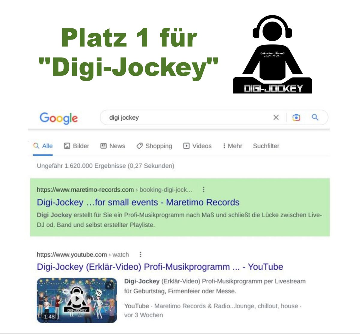 Erst 2 Wochen ist mein neuestes Projekt #DigiJockey alt und schon auf Platz 1 bei Google gehüpft 😊🍀

Ein Angebot das die Lücke zwischen selbsterstellter #Playliste und hochpreisigem DJ oder Band schließt, 

Mehr Infos & Erklär-Video hier Digi-Jockey.de