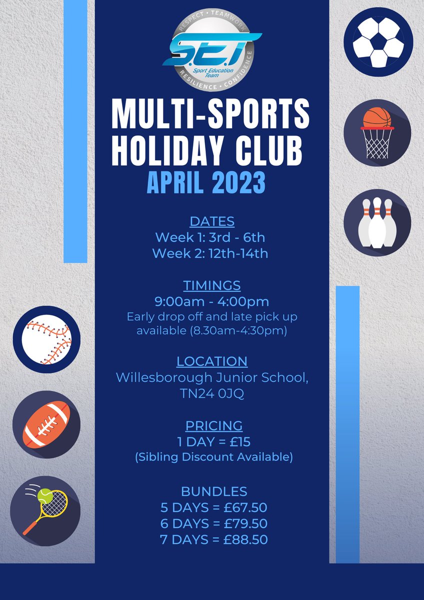 𝗔𝗣𝗥𝗜𝗟 𝗛𝗔𝗟𝗙 𝗧𝗘𝗥𝗠 𝗛𝗢𝗟𝗜𝗗𝗔𝗬 𝗖𝗟𝗨𝗕! 

We are back this April Half Term with our Multi-Sports Holiday Club. 

To book your space, please contact us:
📧 sporteducationteam@outlook.com

SET | 🔵⚪️