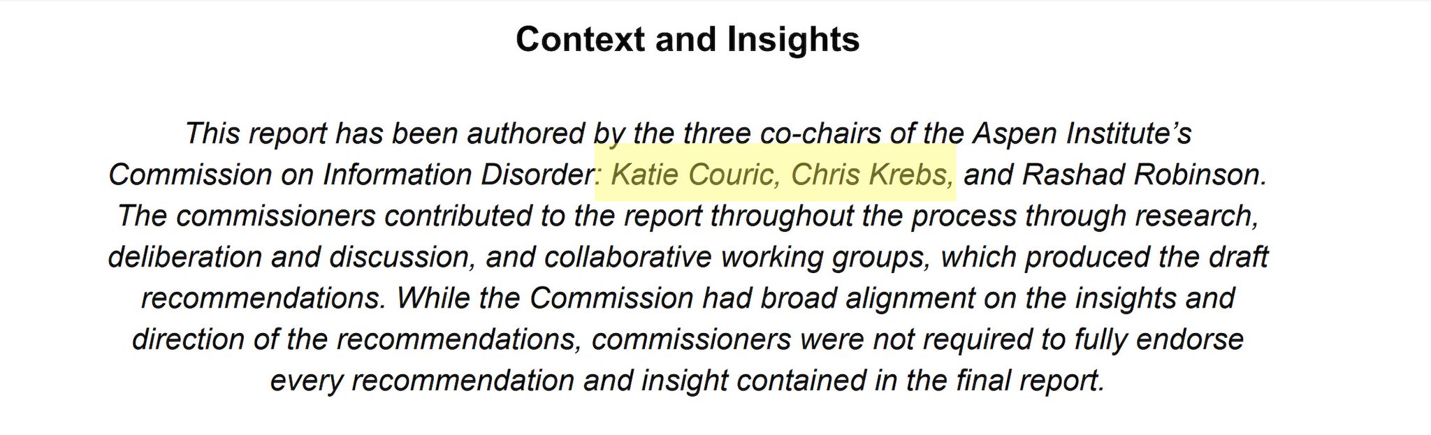 15.  The report was co-authored by Katie Couric and Chris Krebs, the founder of the DHS’s Cybersecur