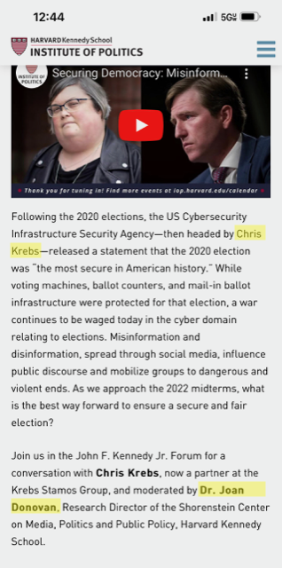 19.  The same agencies (FBI, DHS/CISA, GEC) invite the same “experts” (Thomas Rid, Alex Stamos), fun