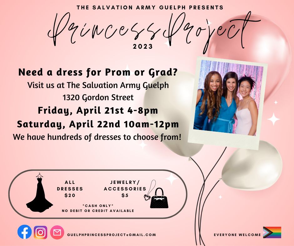 GuelphVillage's tweet image. Great to see the #PrincessProject back April 21 &amp;amp; 22nd w affordable wear for elementary &amp;amp; secondary #youth; clothing donations can be dropped off Mon-Fri 9-12 or 1-4pm at Salvation Army 1320 Gordon St #Guelph