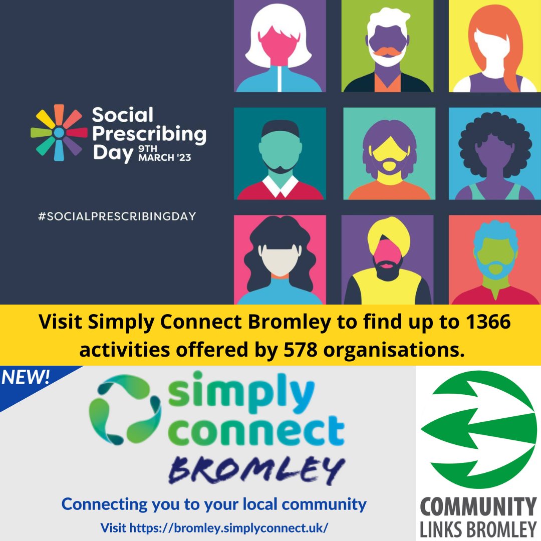 At Community Links Bromley, we have developed Simply Connect Bromley, a #directory of #services  and #activities offered by local #charities and #CommunityGroups. You can find up to 1366 activities offered by 578 organisations #socialprescribingday2023  bromley.simplyconnect.uk