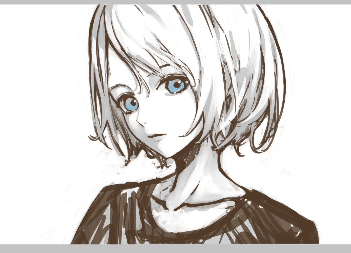 solo 1girl blue eyes short hair looking at viewer spot color monochrome  illustration images