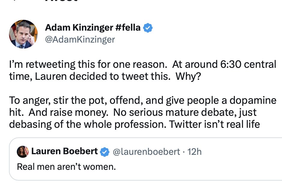 .@AdamKinzinger is right. Lauren Boebert is simply looking to make people angry. 

Simple as that. 

Her anger-tainment is a distraction from the fact that she isn't doing her job.