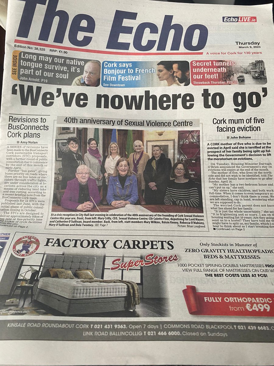 Today, in the Dáil I twice asked Micheál  Martin where are people hit with an eviction notice supposed to go? He refused to answer. Meanwhile, this is the headline in his local newspaper today. A mother and her five children in Cork City answered the question for him.