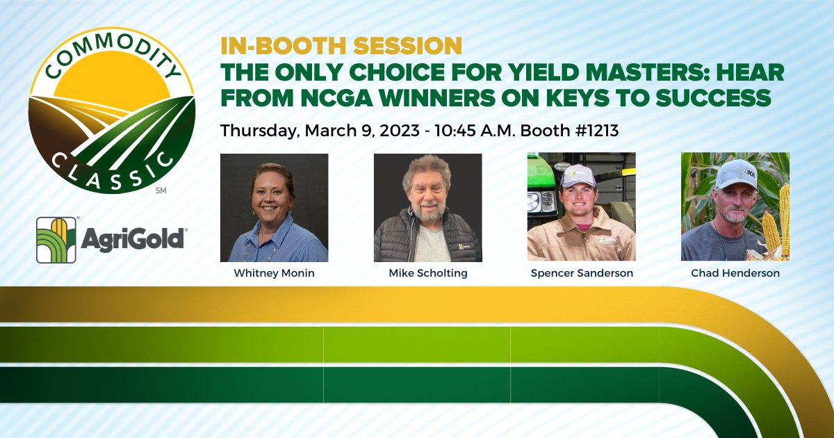 Join us this morning at the #ChooseAgriGold Booth #1213 at 10:45 AM to hear from our expert #YieldMasers– Mike Scholting, Chad Henderson, and <a href="/SandmanJC/">Sand</a>– as they share insights from their successful <a href="/nationalcorn/">National Corn (NCGA)</a> season. Not at #Classic23? Watch the session LIVE on our FB or IG.