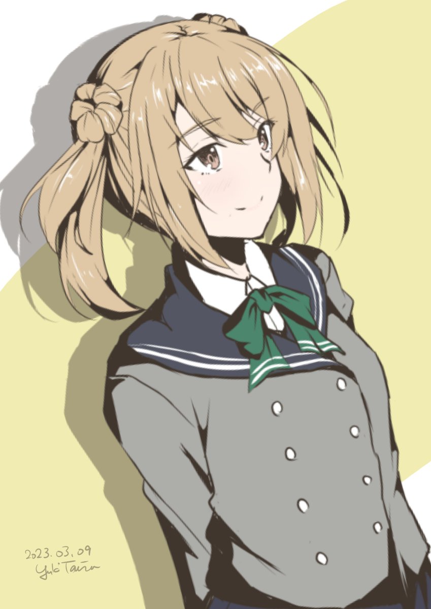 michishio (kancolle) 1girl solo double bun hair bun twintails short twintails light brown hair  illustration images
