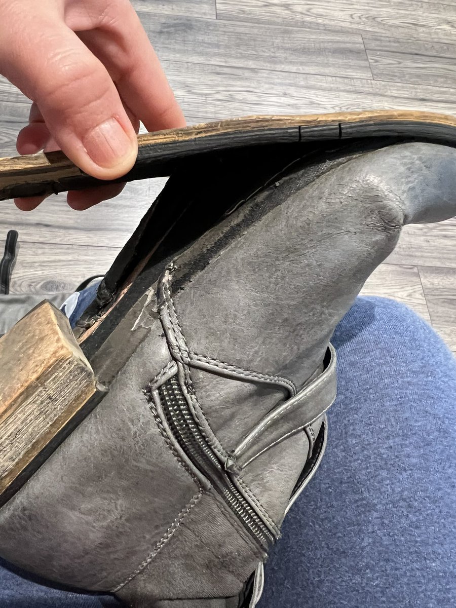 WorkingMammaMK's tweet photo. Really annoying that Timpsons have given me my boots back, more damaged than what they were! Disgusting service from your Milton Keynes store. “We can’t repair them” no but you can rip them to shreds! @JamesTCobbler https://t.co/IvBKBacgxY