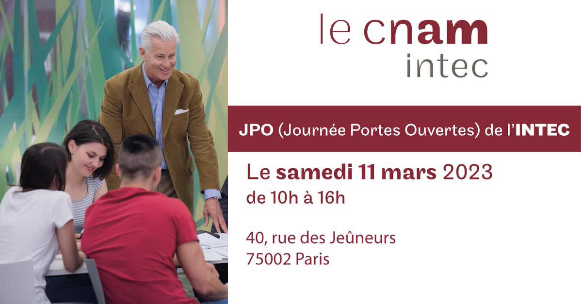 CnamIntec's tweet photo. #JPO2023 du @CnamIntec le samedi 11 mars de 10h à 16h. Venez nombreux !  
Du #DCG/ #DSCG à la #licenceCCA/ #MasterCCA, découvrez les #formations aux métiers de la #comptabilité.
#comptabilité #expertcomptable #apprentissage #formation
+ d'infos : https://t.co/BGXqLnlZcr https://t.co/6XrdePQ0Q4