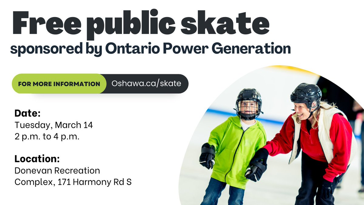 activeoshawa's tweet image. Join us on Tuesday, March 14 from 2 p.m. to 4 p.m. for a free public skate at the Donevan Recreation Complex. Regular leisure skating rules will apply. Learn more at Oshawa.ca/Skate.