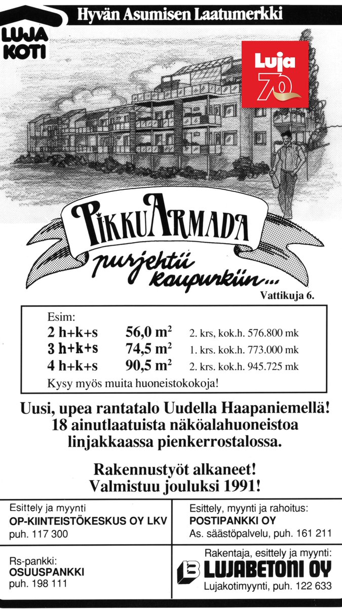 Tänä vuonna 70 vuotta täyttävä perheyhtiö Luja on valmistanut ja markkinoinut Lujakoteja jo vuosikymmeniä. Tässä 90-luvun alun asuntoilmoituksessa on vahva käsityön leima #Lujakoti #Lujatalo #Luja70v