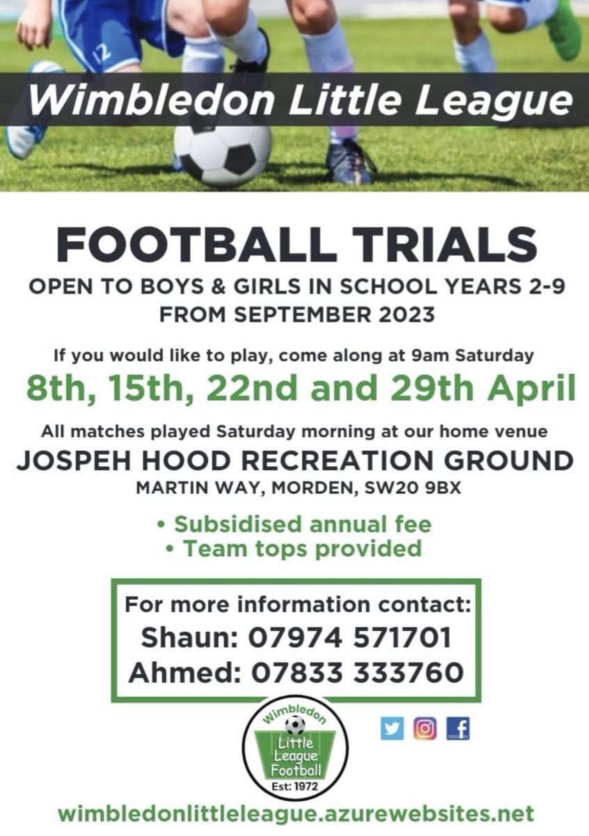 Please RT #WimbledonLittleLeague #merton #footballtrials Open to all abilities. Boys &amp; girls school years 2-9 #mertonschools #fitness #fun #affordable #sports #football #trials #littleleague #friends Spaces fill up quickly. Don’t miss out. Bring your friends!